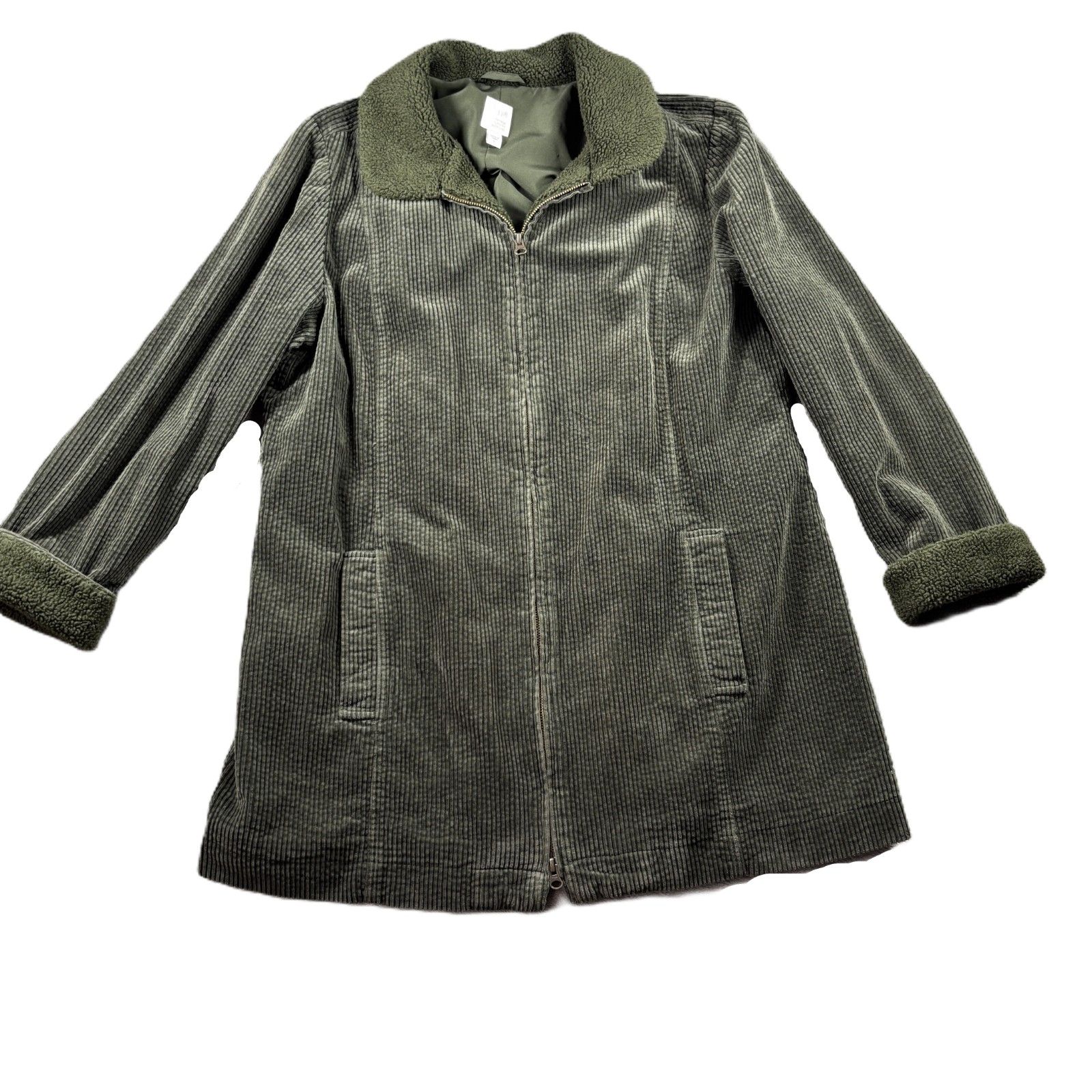 J Jill Heritage Tumbled Cord Coat Wide Wale Corduroy Sherpa Olive Green Large C9